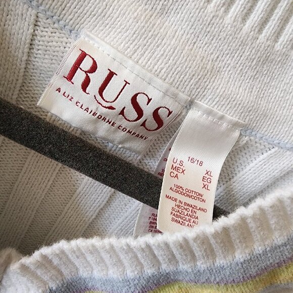 RUSS Liz Claiborne V-Neck White Tennis Sweater Women's Size XL Preppy Cable Knit - Picture 7 of 13